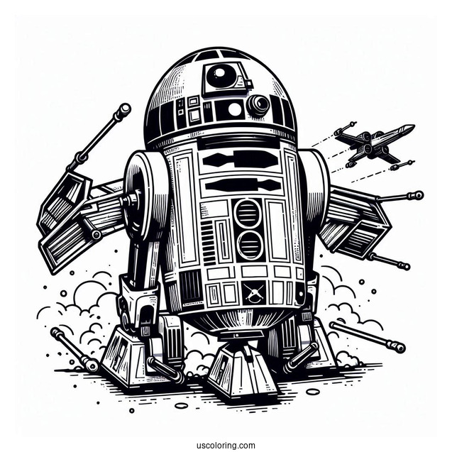 R2-D2 Coloring Page On Top Of X-Wing