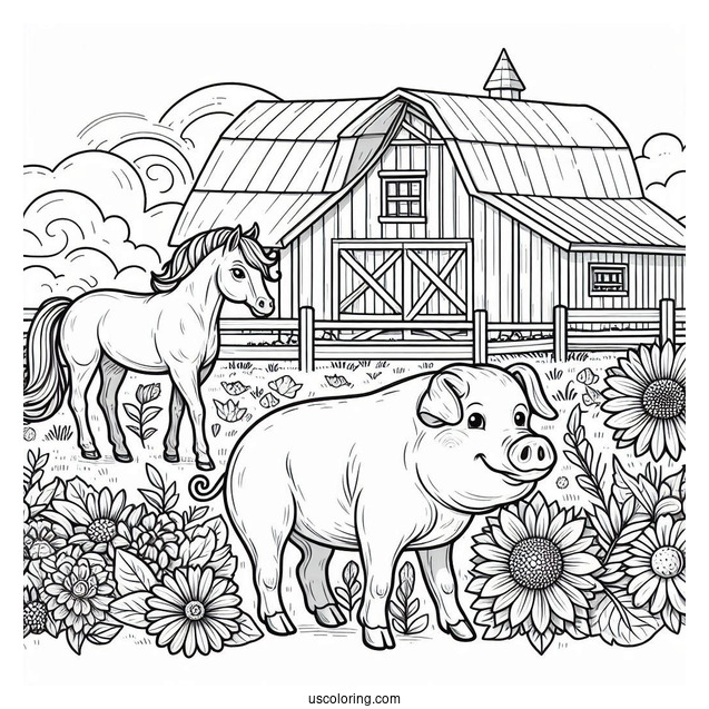 Big Farm Pig With Horse To Color