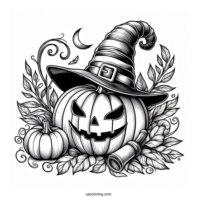 Pumpkin Coloring Page Of Detailed Jack O Lantern Wearing Witch Hat And Leaves