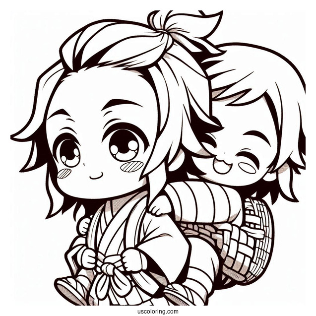 Chibi Tanjiro Coloring Page Carrying Nezuko On His Back For Preschoolers