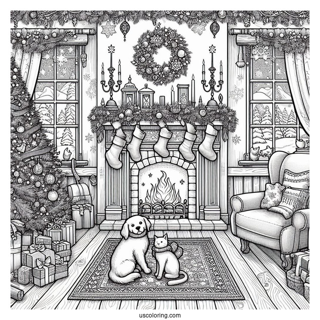 Christmas Coloring Pages For Adults Of Detailed Christmas Living Room With Dog And Cat In Front Of Fireplace