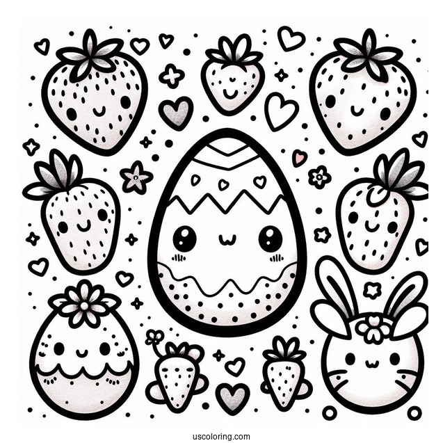 Kawaii Easter Egg Strawberry, Carrot, Bunnies, And Hearts Designs Coloring Sheet