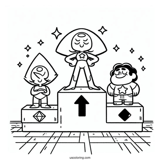 Cute Steven Universe Coloring Page On Podium With Garnet, Pearl, And Amethyst For Kids
