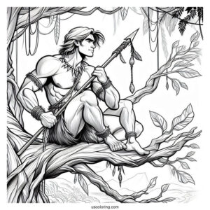 Tarzan Coloring Page Holding Spear While Crouched On Tree Branch