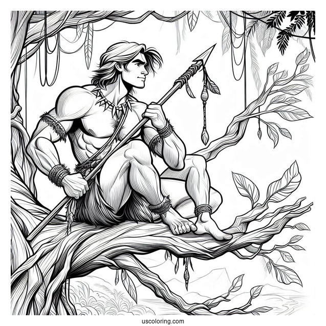 Tarzan Coloring Page Holding Spear While Crouched On Tree Branch