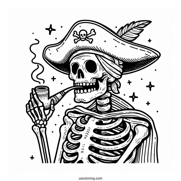 Pirate Coloring Page Skeleton With Hat, Cloak, And Pipe