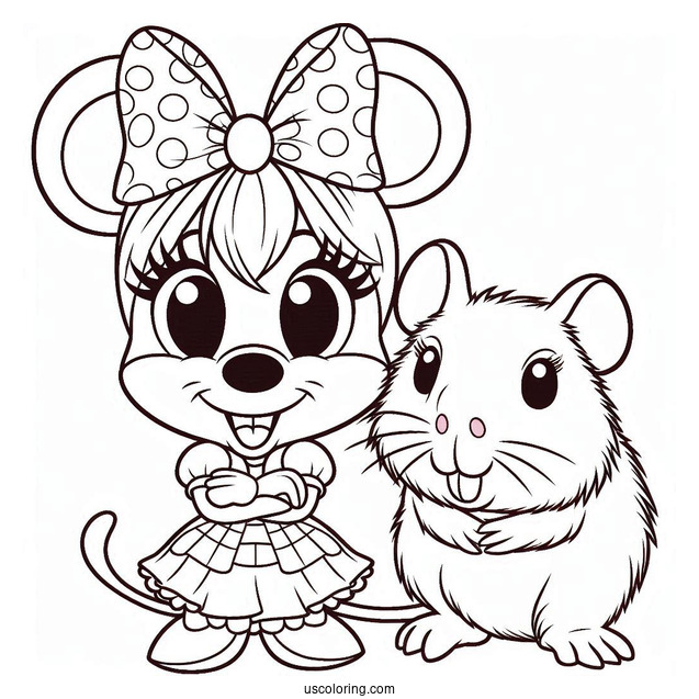 Minnie Mouse With A Capybara Coloring Page Wearing Matching Bows