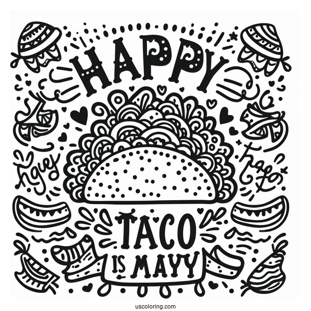 Happy Cinco De Mayo Words Around A Taco Coloring Page