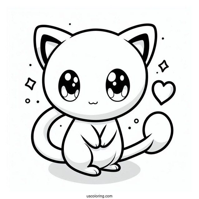 Kawaii Mew Coloring Page With Heart Shaped Tail For Preschoolers