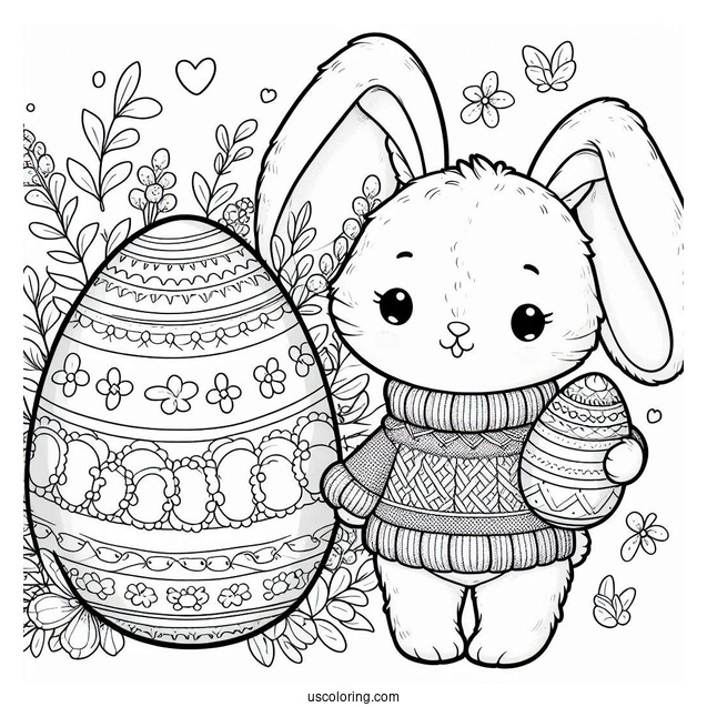 Pretty Bunny In Sweater Holding A Large Easter Coloring Page Of Egg