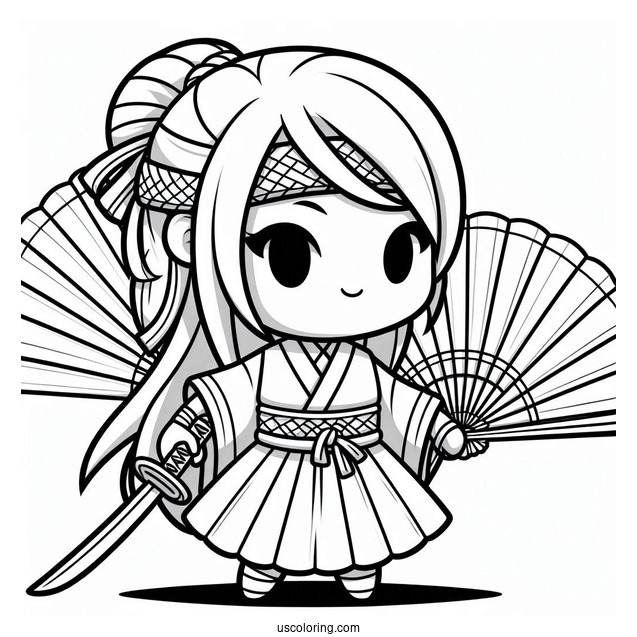 Ninja Holding A Sword And A Fan Coloring Page