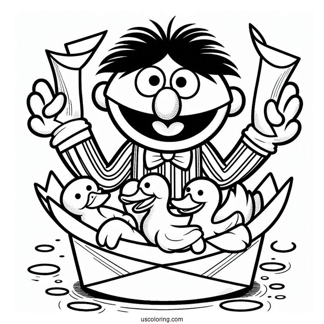 Ernie Holding Paper Ducks Coloring Sheet