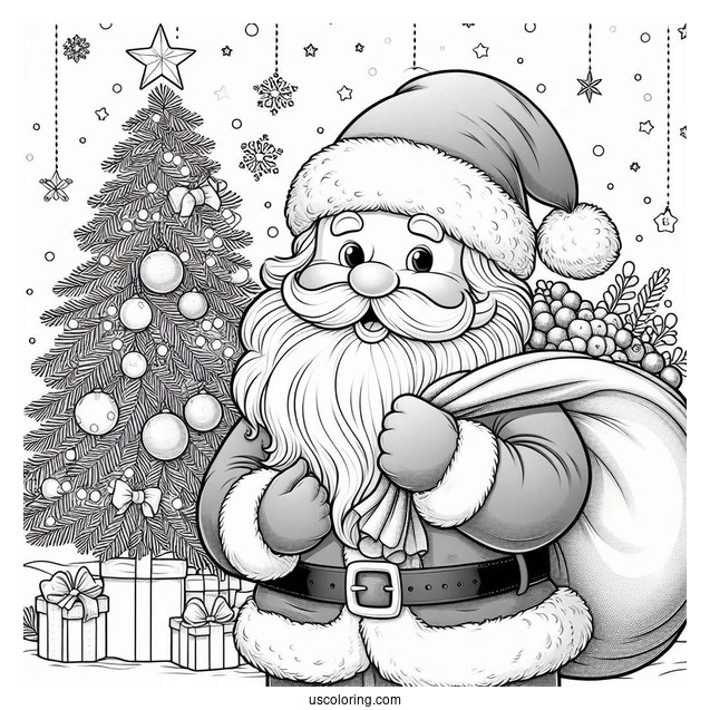 Santa Holding Sack Of Presents Next To Christmas Tree