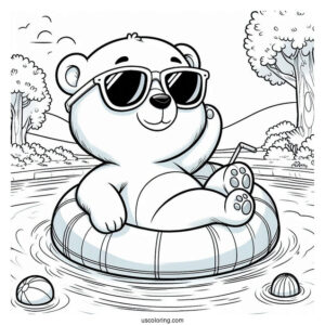 Swimming Coloring Page Of Polar Bear With Sunglasses On An Inflatable In The Pool