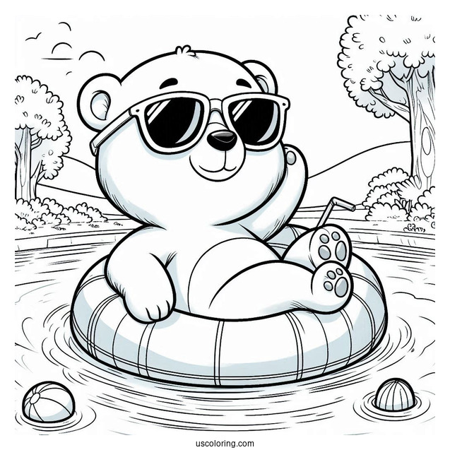Swimming Coloring Page Of Polar Bear With Sunglasses On An Inflatable In The Pool