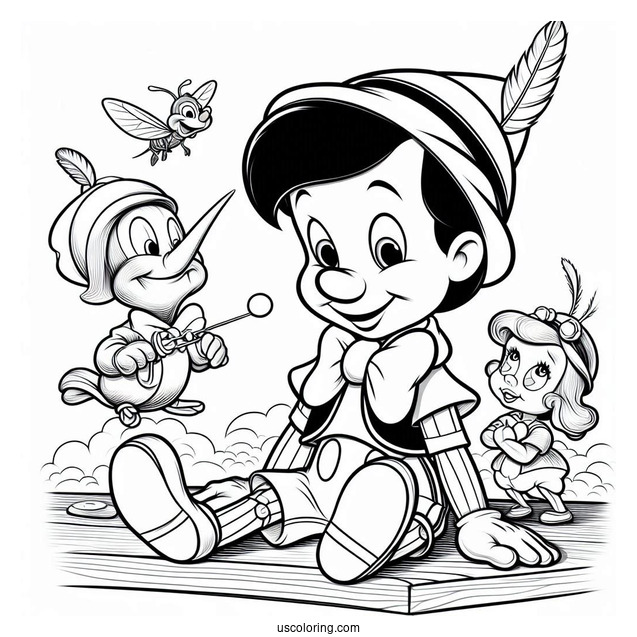Pinocchio Coloring Page Playing With Figaro, Cleo, And Jiminy Cricket On Table