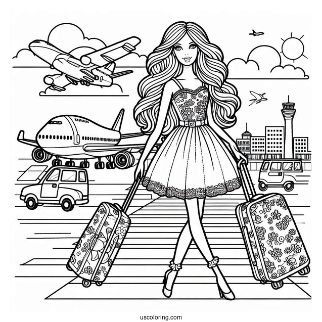 Travelling Barbie At Airport To Color