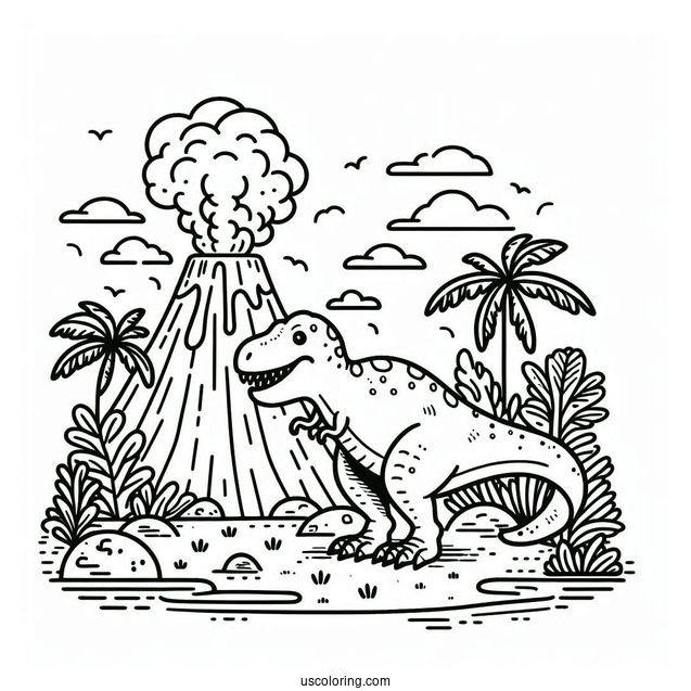 Cartoon T-Rex With Volcano Coloring Page
