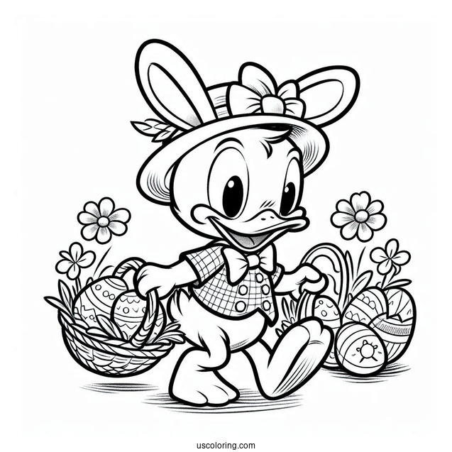 Easter Coloring Page Of Donald Duck As Easter Bunny Carrying Basket Of Eggs
