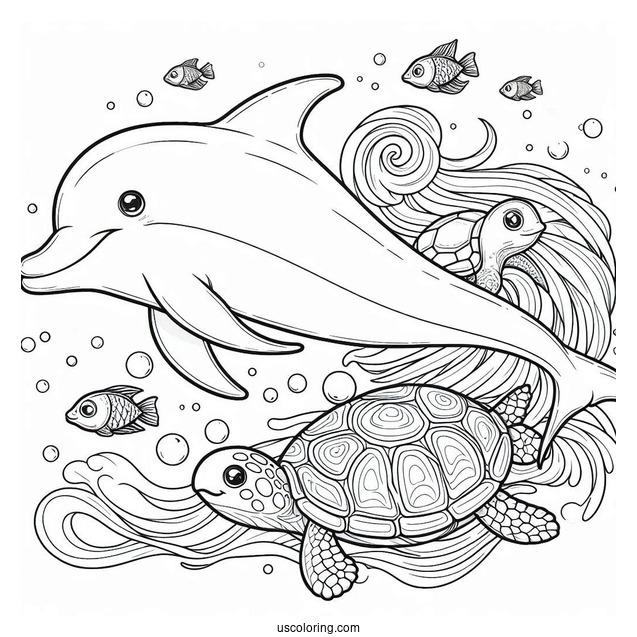 Dolphin Swimming With Fish And Turtle