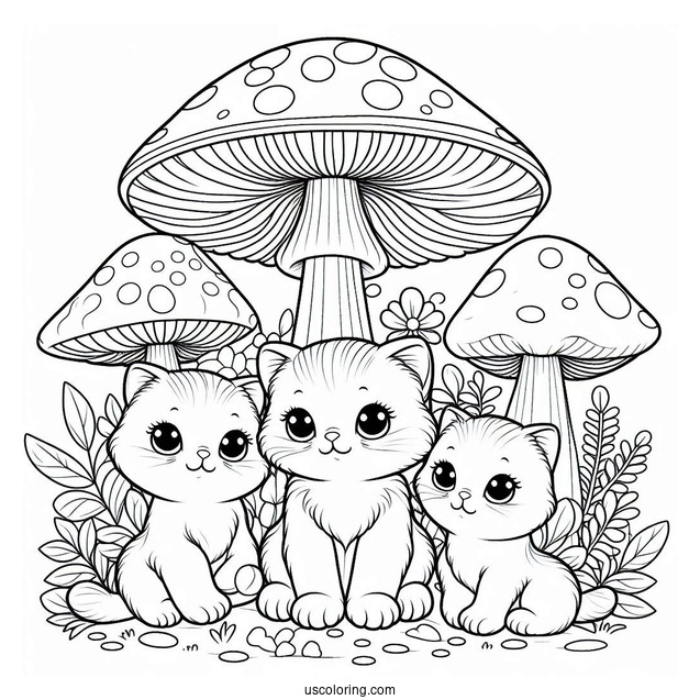 Kittens Sitting On Tall Mushroom Coloring Page