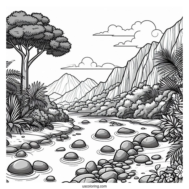 Detailed River And Rocky Terrain Of Jungle Coloring Page