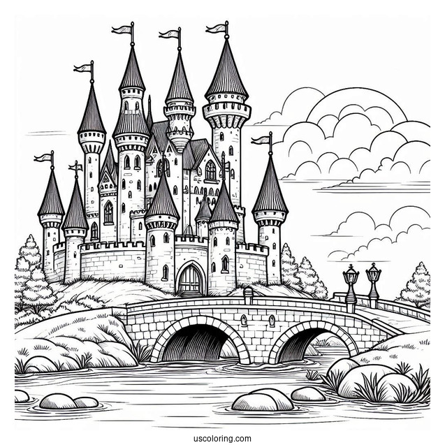 Castle Coloring Page With Bridge Over A River