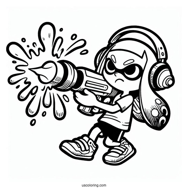 Splatoon Coloring Page Of Blue Inkling Boy Shooting Orange Inkling Girl