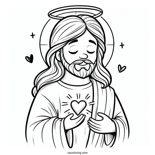 Smiling Jesus Coloring Pages With A Halo Holding A Love Heart For Preschoolers