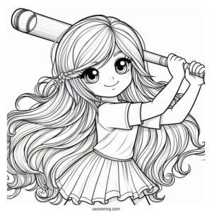 Girl With Long Hair Swinging Baseball Coloring Page Bat For Preschoolers