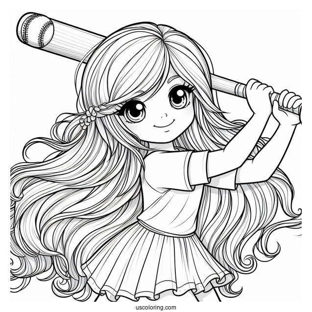 Girl With Long Hair Swinging Baseball Coloring Page Bat For Preschoolers