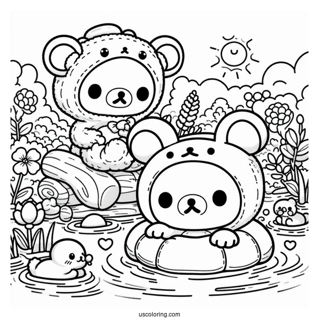 Rilakkuma Coloring Page And Korilakkuma In Otter Onesies Floating On The River With Kiiroitori