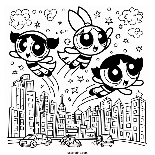 Powerpuff Girls Flying Over City To Color