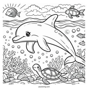 Dolphin Swimming With Fish And Turtle