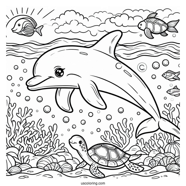 Dolphin Swimming With Fish And Turtle