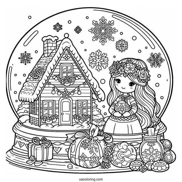 Gingerbread House Snow Globe Coloring Page For Kids