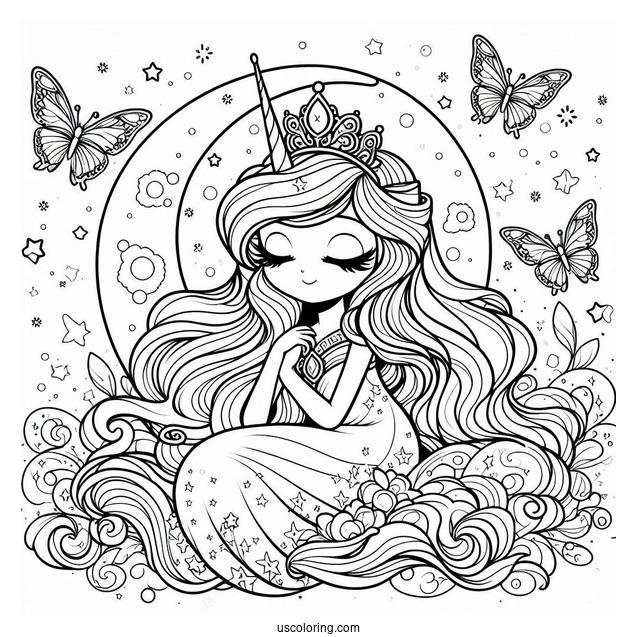 Princess Luna Coloring Page Surrounded By Stars And Butterflies