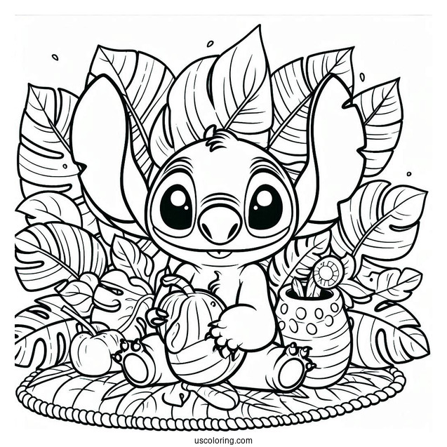 Coloring Page Of Lilo And Stitch With Banana Leaves