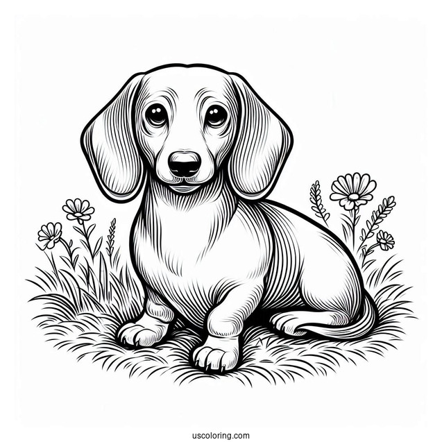Simple Dachshund Coloring Page Sitting On Grass