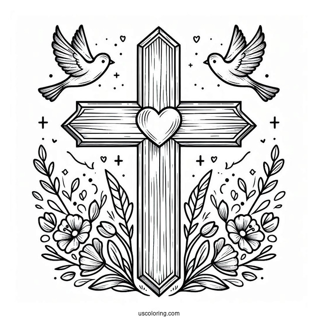 Wooden Easter Cross With Love Heart And Birds