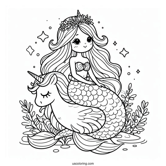 Mermaid Princess Coloring Page Sitting On Unicorn