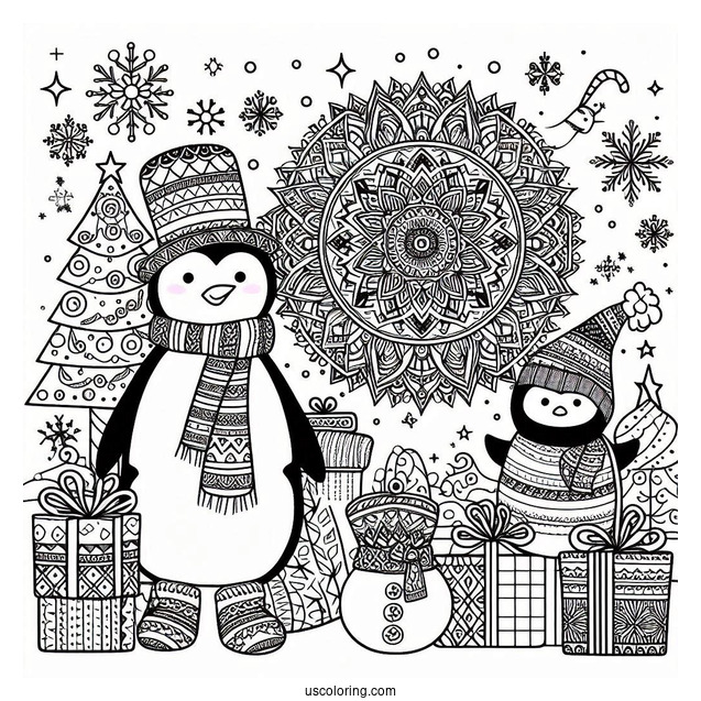 Snowman, Penguin, And Presents In Front Of Christmas Mandala Coloring Page