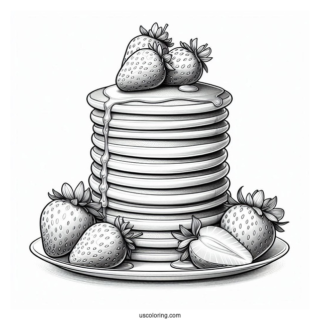 Realistic Mini Pancake Coloring Page Tower With Large Strawberries