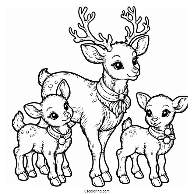 Mom Reindeer With Two Babies To Color