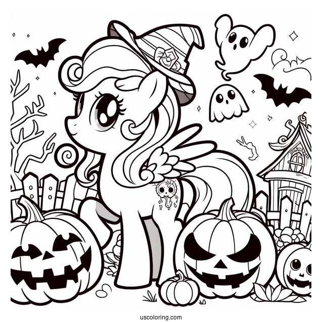 Coloring Sheet of Halloween My Little Pony with Ghosts and Jack-O-Lanterns