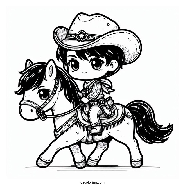 Chibi Coloring Page Cowboy on Horseback