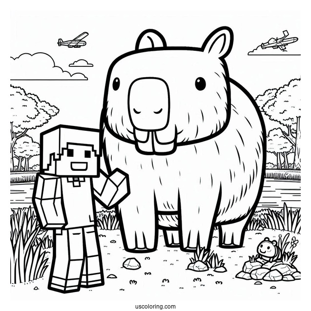 Minecraft Steve With A Capybara Coloring Page For Kids