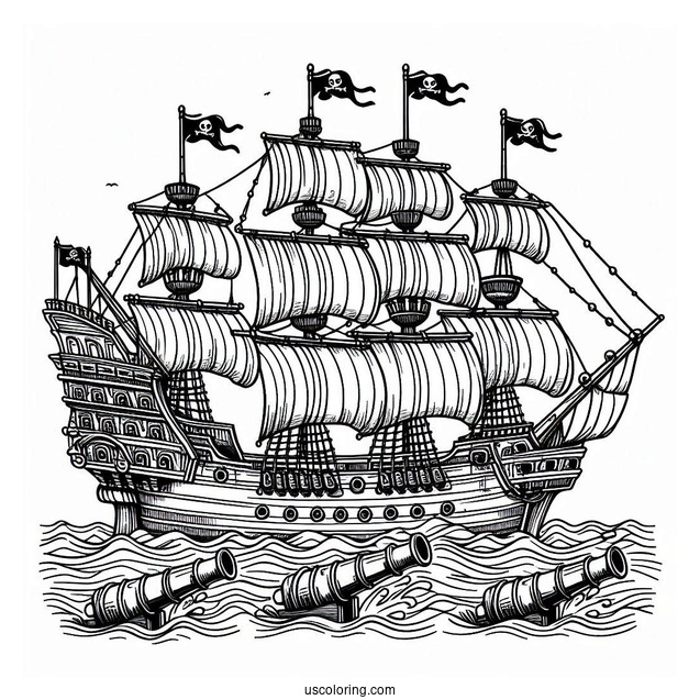 Coloring Page Of Pirate Ship With Multiple Canons