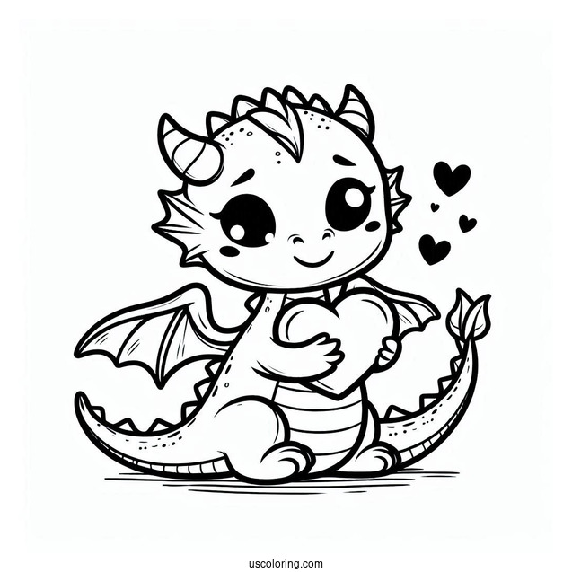 Adorable Little Dragon Hugging A Love Heart Coloring Page For Kids