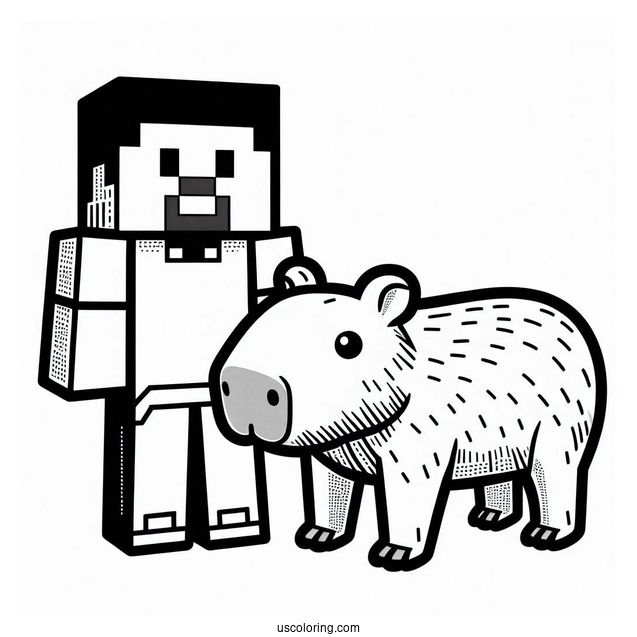 Minecraft Steve With A Capybara Coloring Page For Kids